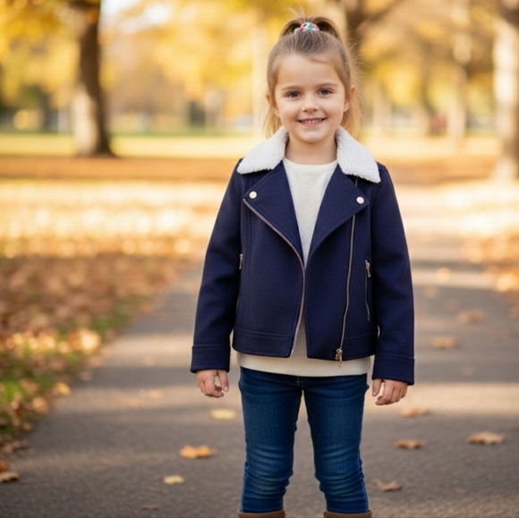 Crewcuts Other - J.Crew Crewcuts Wool Blend Moto Jacket Navy Gold Hardware Sherpa Fur Collar 6-7